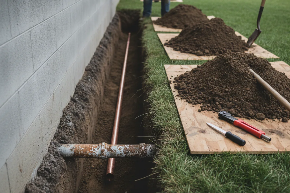 Excavated water line trench during Water Softener Installation in Surfside